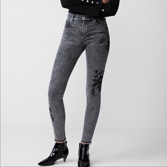 Express Denim - Express high rise grey acid wash floral jeans